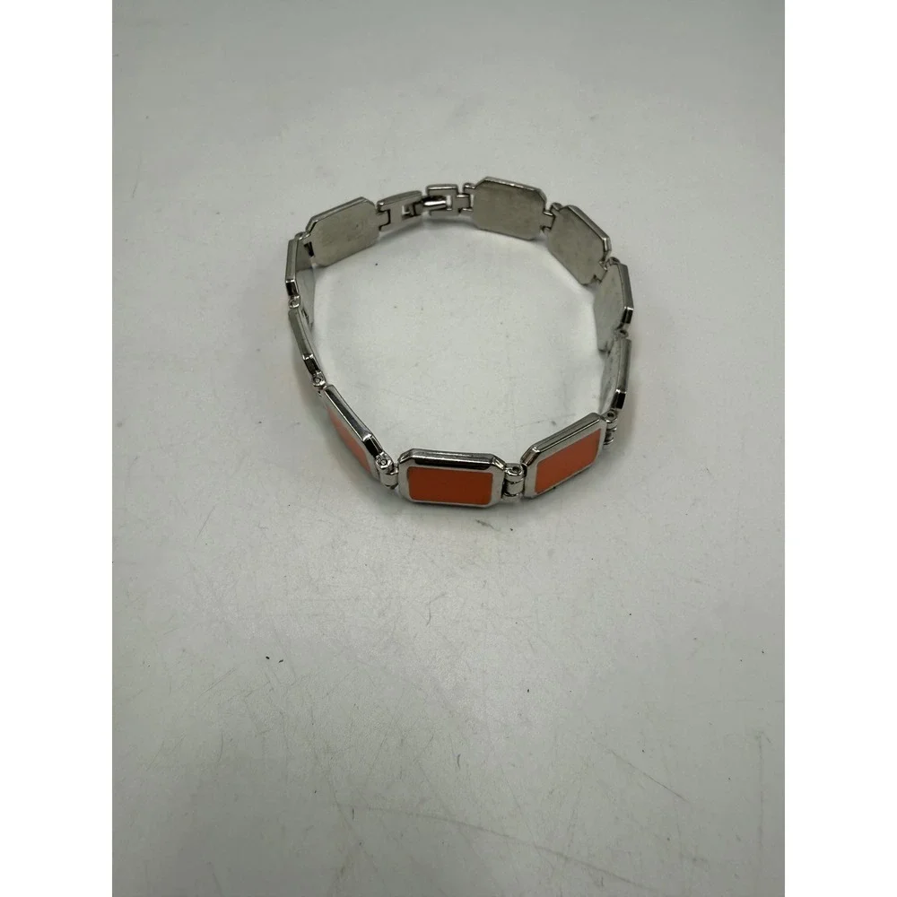 Vintage Orange Enamel Silver Tone Rectangular Link Bracelet Retro Geometric